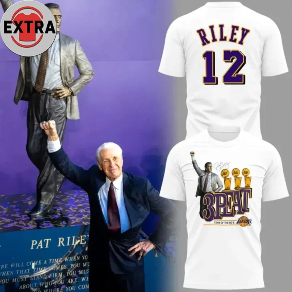 Los Angeles Lakers 3 Peat Team of the 80s Pat Riley White Logo Two Sided Shirt