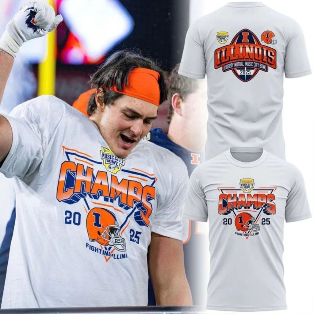 Original 2025 Music City Bowl Illinois Football Champions Helmet And Logo T-Shirt
