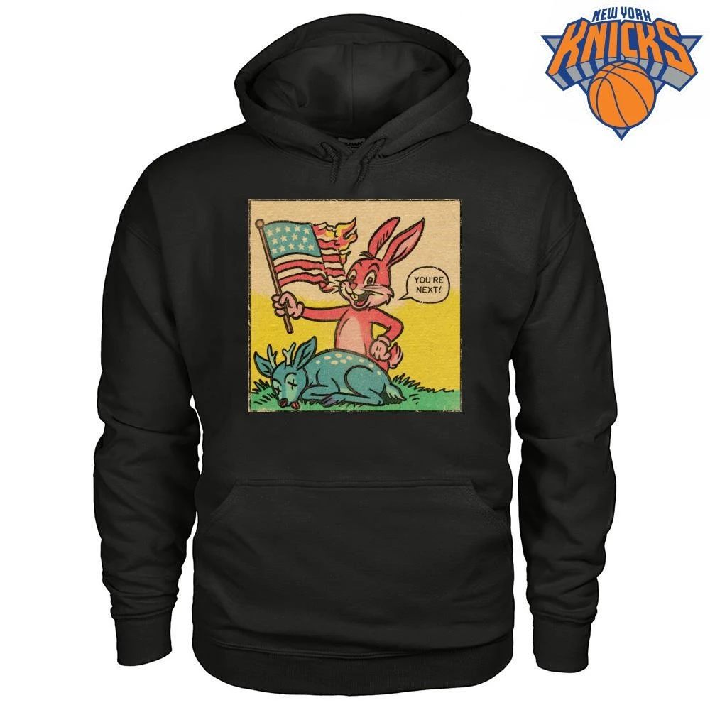 Happy 4th of July 250 Years Pink Bunny Burning American Flag You Are Next Political Comic Satire shirt