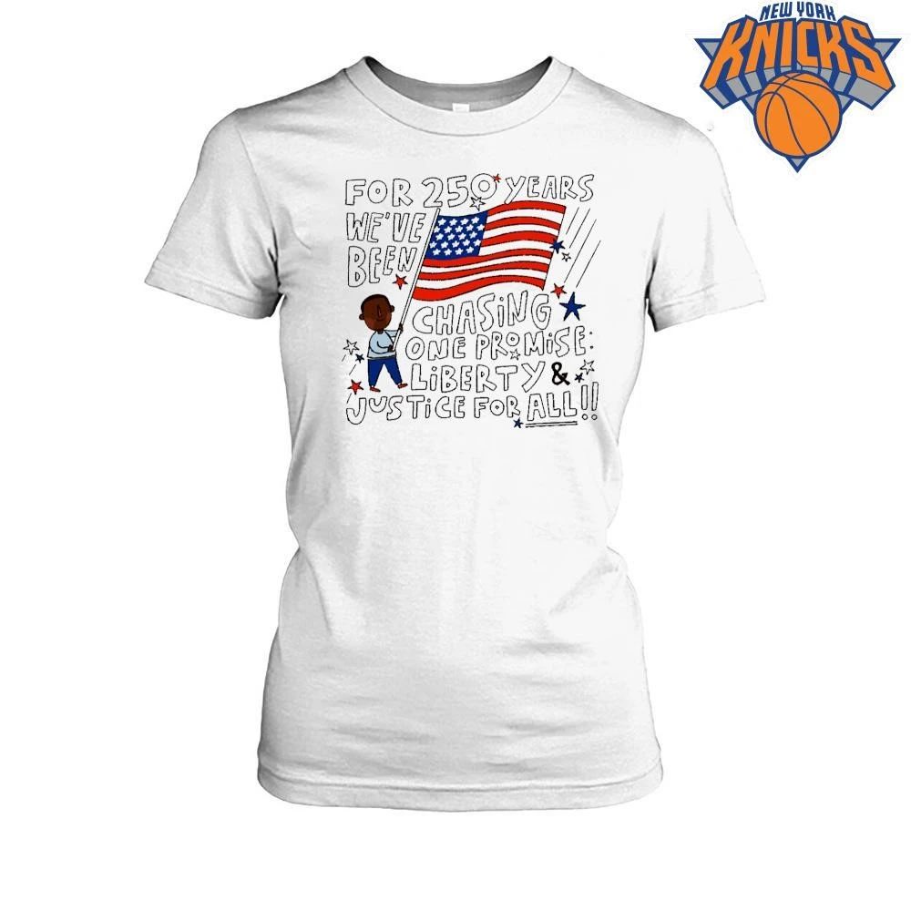 Hand drawn boy with American flag for 250 years liberty and justice for all art shirt