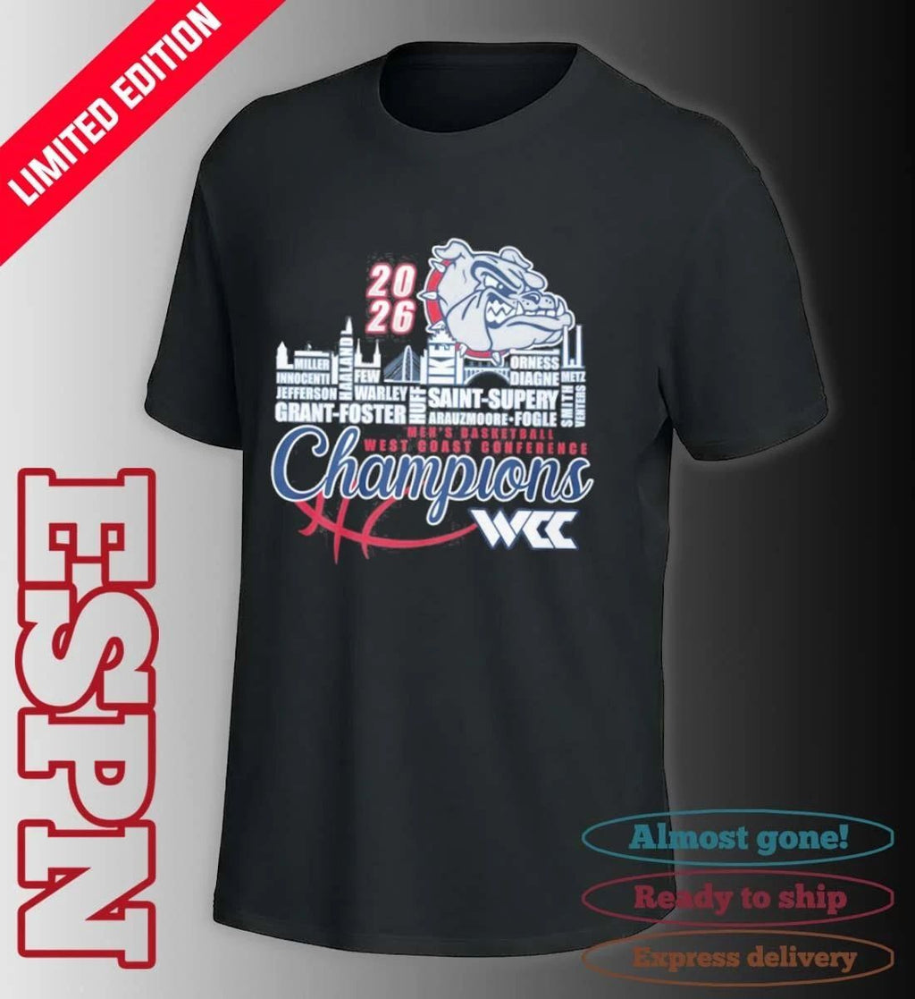Gonzaga Bulldogs Men’s Basketball WCC Champions Skyline Player Name Shirt