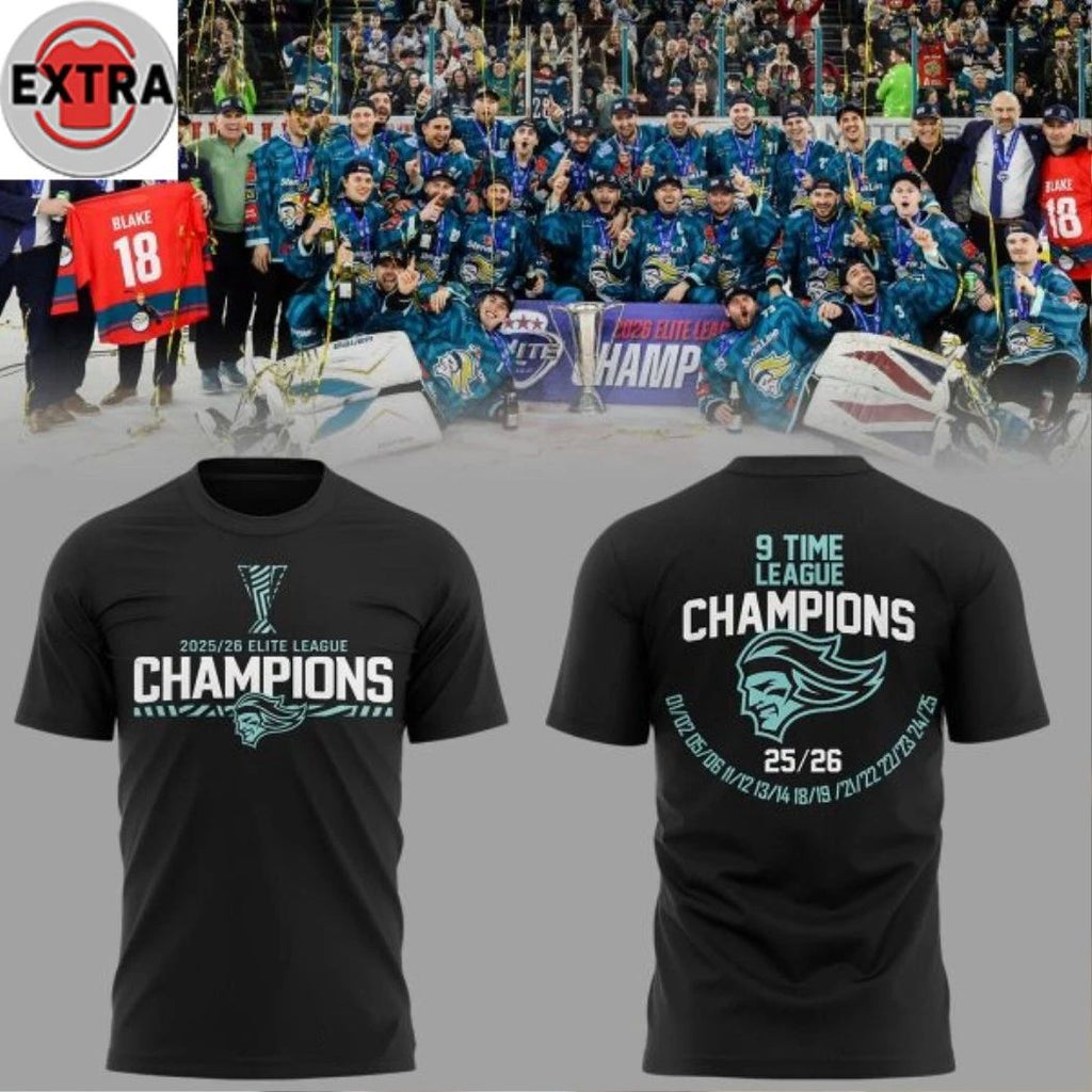 Belfast Giants Elite League Champions 2026 Hockey Champs Logo Two Sided Hoodie T-Shirt