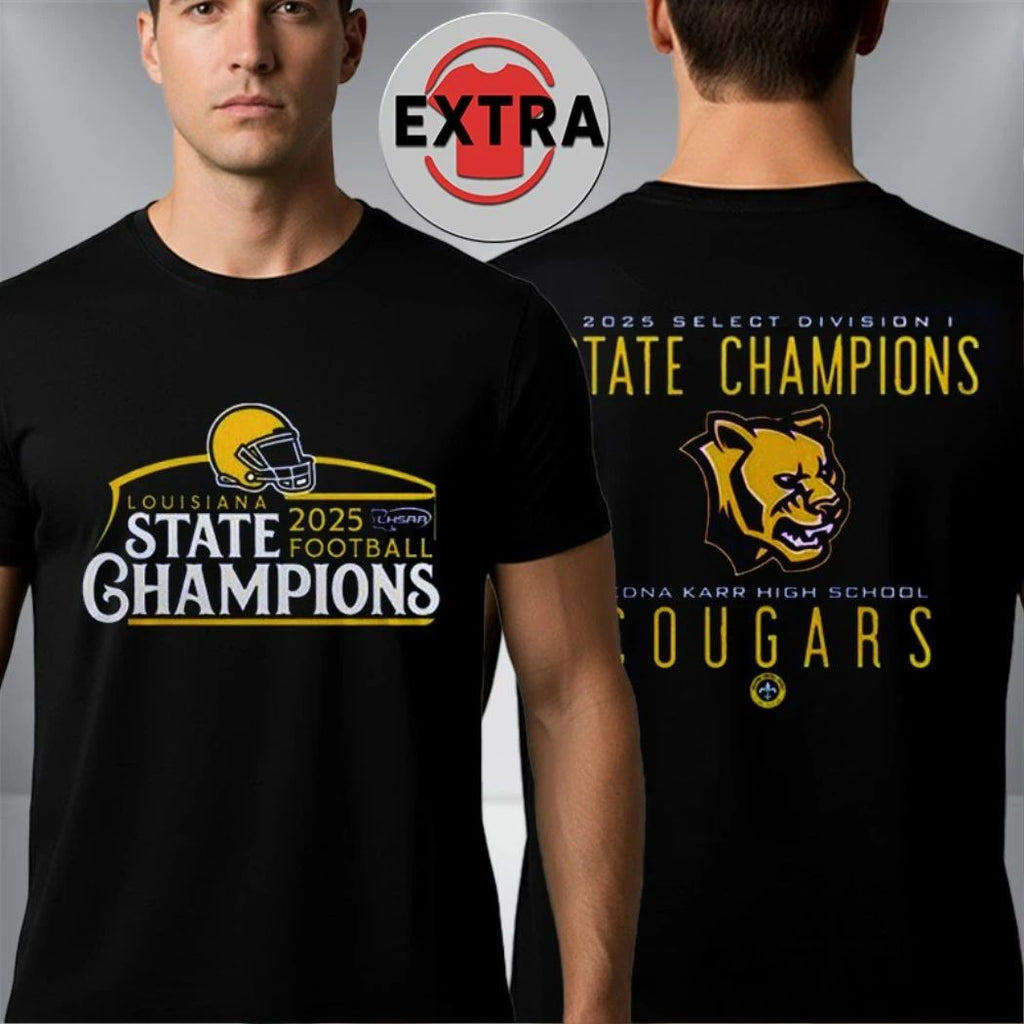 Celebrating the 2025 Louisiana High School Football Championship win of the Edna Karr High School Cougars team T-Shirt